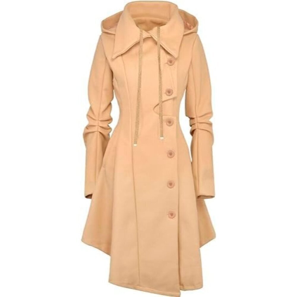 🆕Women Khaki Wool Winter Goth Lapel Peacoat Outwear Thick Hood Trench Coat